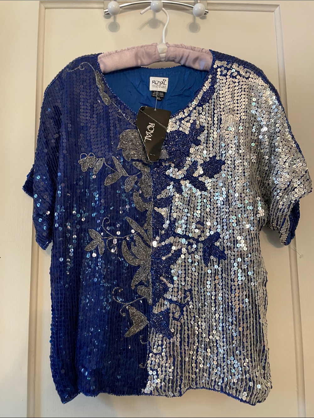 Vintage with Tags Blue & Silver Sequin Short-Sleeve Blouse by Royal